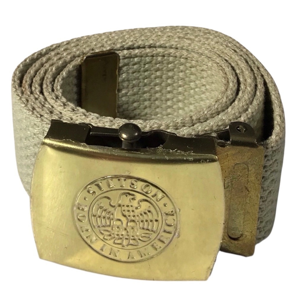 Stetson Mens Khaki Webb Belt Gold Tone Adjustable USA